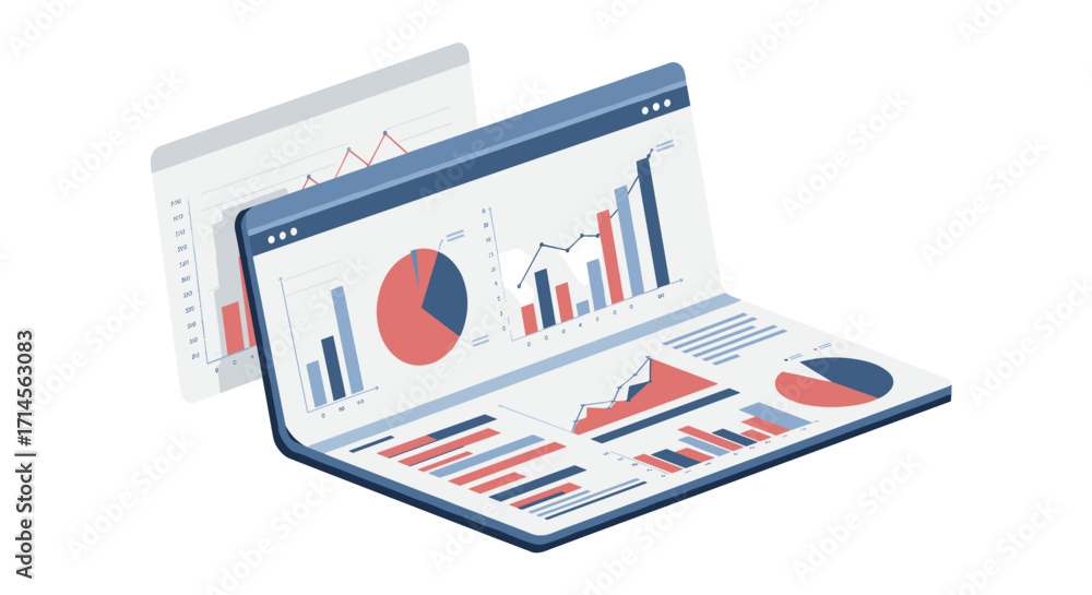 Poster modern isometric analytics dashboard with interactive graphs and charts