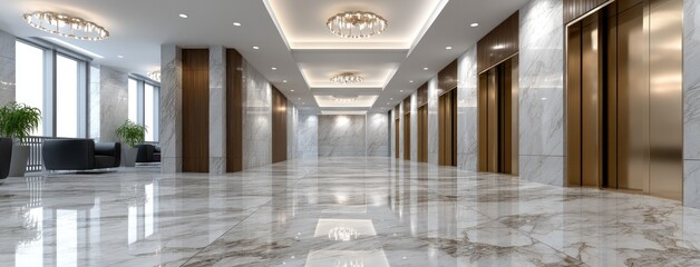 Elegant marble corridor with modern elevators and stylish lighting in a high-rise building during the day