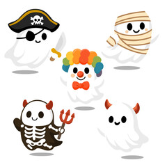 Collection of five cute Halloween ghost characters in various costumes including clown, devil, skeleton devil, pirate, and mummy perfect for party decoration and seasonal design