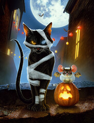 Mummy cat and mouse in batman costume in the night city with halloween decorations