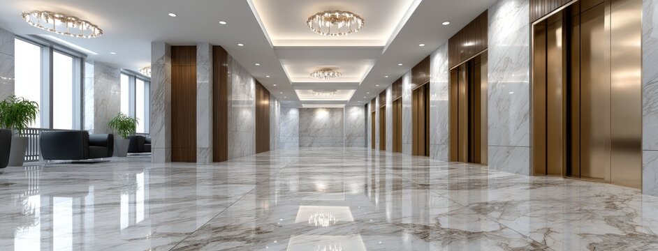 Elegant marble corridor with modern elevators and stylish lighting in a high-rise building during the day - Powered by Adobe