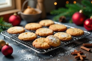 A cozy kitchen scene with freshly baked Christmas cookies cooling on a wire rack, surrounded by festive decorations and baking ingredients , dessert, festive, oatmeal raisin