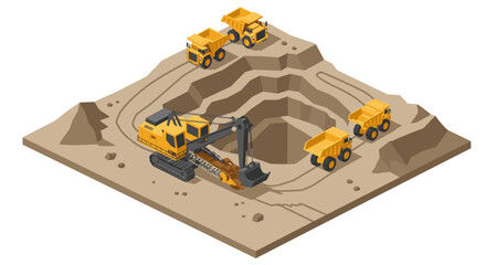 Isometric construction site with excavators and dump trucks in a quarry setting