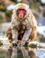 Obraz premium Mother monkey with baby by a hot spring