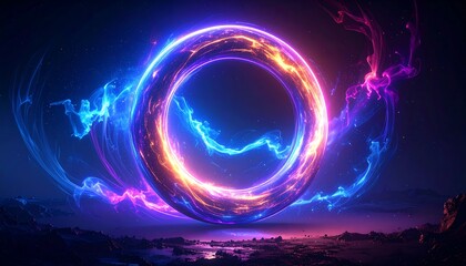 Neon ring hovering over a landscape