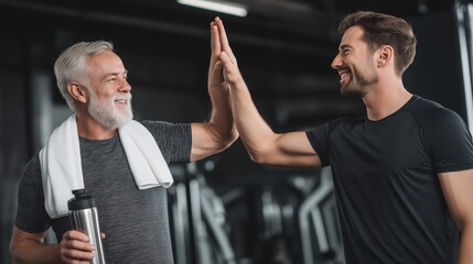 Happy senior man and young man giving high five at gym, celebrating workout success, active lifestyle, motivation, fitness and healthy living concept, teamwork energy.