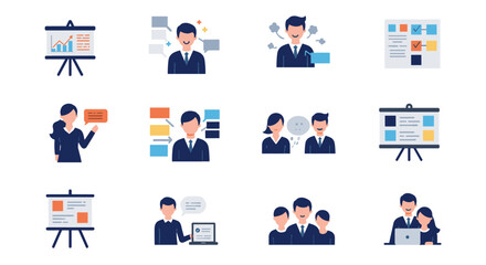 Business presentation icons in flat style with businesspeople and charts