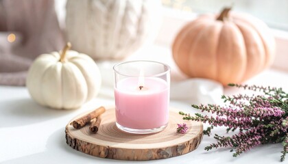 Pink candle on wooden circle, autumnal heather flowers and pumpkins on white table. 
