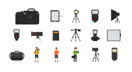 Photography gear icons set featuring cameras, lenses, and accessories