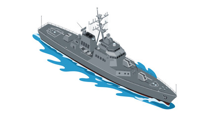 Isometric navy warship on ocean waves in modern 3d art style