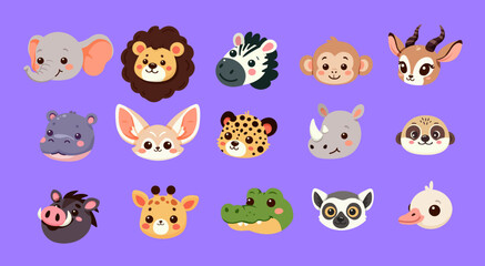 Fototapeta premium Cute Safari Animal Faces Vector Set Cartoon Icons