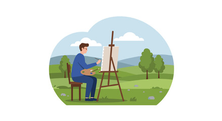 Artist painting in tranquil outdoor landscape scene
