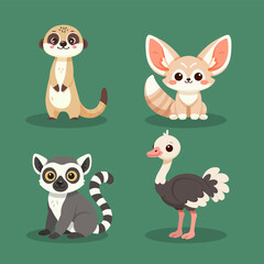 Naklejka premium Exotic Cute African Animals Vector Set Lemur Fennec Ostrich Meerkat