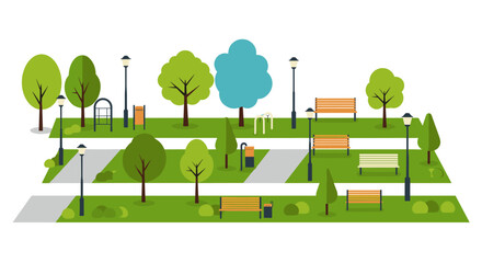 Urban park scene with benches and trees in flat design
