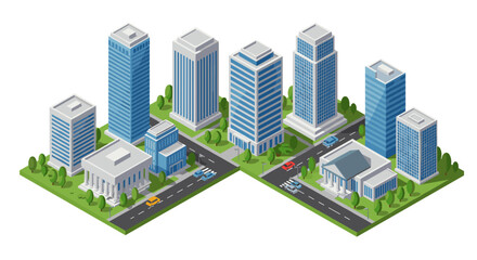 Isometric cityscape with modern skyscrapers and streets
