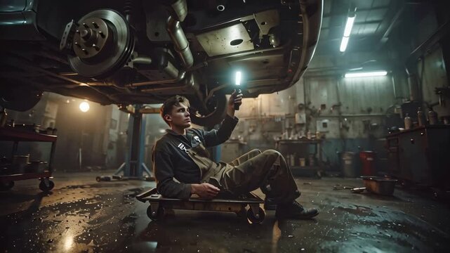 Mechanic using flashlight under car while inspecting vehicle in garage workshop with tools and equipment around. Concept of auto repair and maintenance