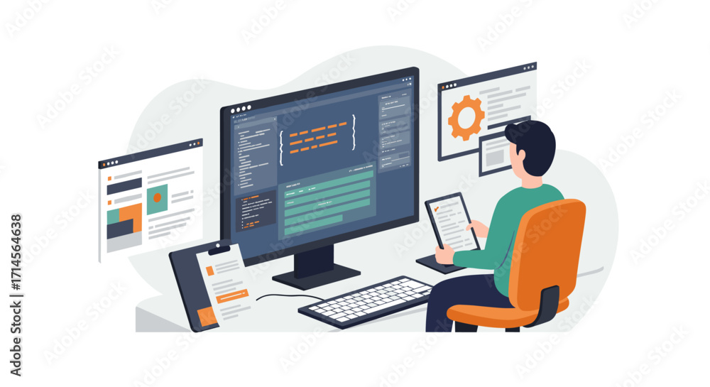Poster software developer programming at computer desk with multiple screens in modern workspace