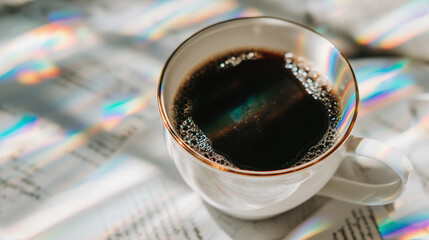 A cup of black coffee sits on a newspaper in soft sunlight, with rainbow reflections creating a warm, cozy morning mood.