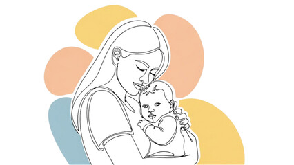 Minimalist line art vector illustration of a mother and child. Elegant, modern, and emotional design suitable for posters, wall art, logos, greeting cards, motherhood concepts, maternity themes