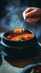 Close-up of Steaming Korean Spicy Tofu Stew