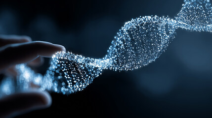 Hand touching a glowing digital DNA strand, symbolizing biotechnology, innovation, and the future of genetic science.