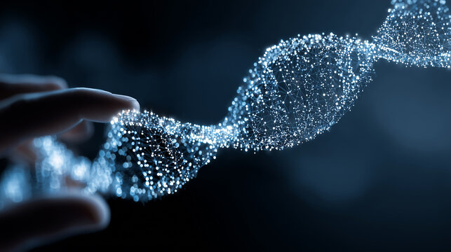 Hand touching a glowing digital DNA strand, symbolizing biotechnology, innovation, and the future of genetic science.