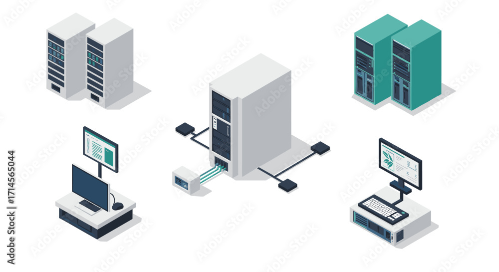 Poster isometric data center elements with computers and networking equipment