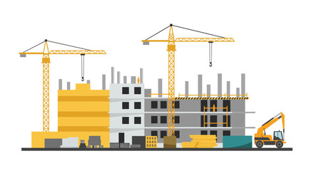 Urban construction site with cranes and machinery in flat design