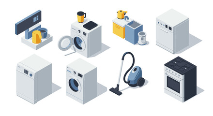Modern isometric home appliances collection including washing machine and oven