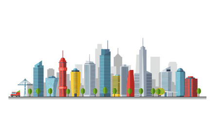 Obraz premium Modern urban skyline with diverse skyscrapers and green spaces