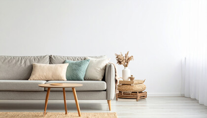 Modern living room with gray sofa and wooden coffee table, decorative pillows and dried flowers create cozy and calm atmosphere in bright space