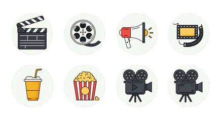 Cinema icons set: clapperboard, film roll, popcorn, and camera in flat style