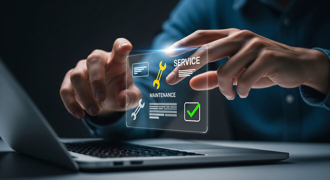 Businessman using a futuristic virtual interface on a laptop for online customer service and technical maintenance management