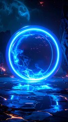 Neon ring portal in a cosmic landscape