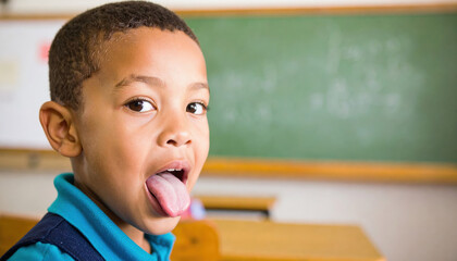 Boy child classroom school education tongue playful happy student learning kid indoors casual portrait cheerful elementary ethnic young male person face expression fun tongue out close up