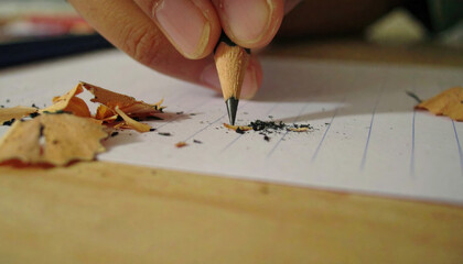 Close up of hand sharpening pencil on lined paper with wood shavings and graphite debris, capturing focused and detailed moment of writing preparation