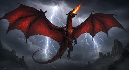A red dragon with fiery breath soars through a stormy sky above ruins, wings spread wide amidst lightning and dark clouds.
