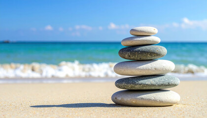 Stack of smooth stones on sandy beach with ocean and blue sky background, peaceful and balanced scene evoking calm and relaxation by sea