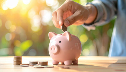 Saving piggy bank coin hand money finance investment wealth budget financial planning currency banking cash economy deposit financial security thrift banking concept personal finance money