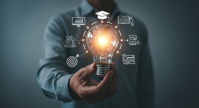 Person holding bright light bulb with digital icons representing innovation and ideas - Powered by Adobe