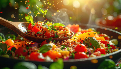 Quinoa salad with fresh tomato, basil, and herbs being served with wooden spoon, vibrant colors and steam rising, evoking fresh and healthy meal feeling