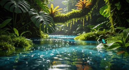 Naklejka premium Sunlit Tropical Jungle River with Vibrant Green Foliage and Exotic Blue Butterfly
