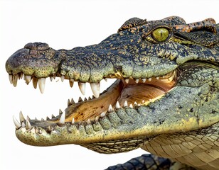 Obraz premium Close-up of big crocodile open mouth with sharp teeth, isolated on white background. 