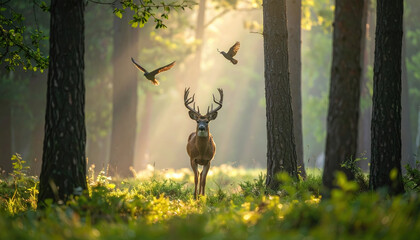 Deer standing in sunlit forest clearing with birds flying above, surrounded by tall trees and lush green foliage, creating peaceful and natural wildlife scene