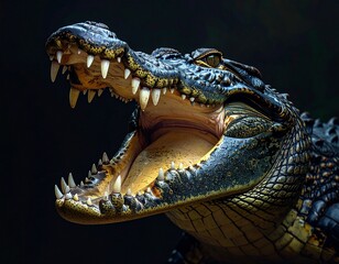 Obraz premium Close-up of big crocodile open mouth with sharp teeth, black background. 