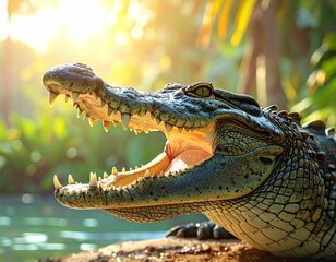 Obraz premium Close-up of big crocodile open mouth with sharp teeth, on green jungle background. 