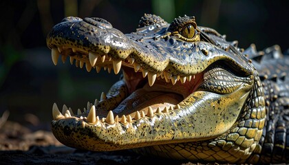 Fototapeta premium Close-up of big crocodile open mouth with sharp teeth, on green jungle background. 
