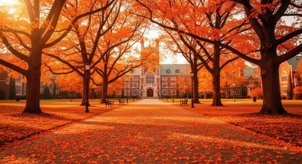 Autumn scenery of a university campus with vibrant orange trees and fallen leaves