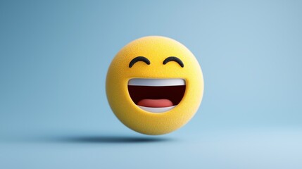 Fototapeta premium Yellow Smiley Emoji with Open Mouth and Closed Eyes Floating on Blue Background symbolizing Expressive Joy, Digital Laughter, and Positive Emotion in Modern Communication 