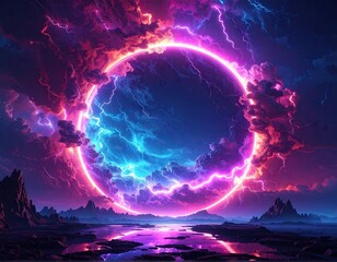 Futuristic Cosmic Landscape with Holographic Lightning and Pink Ring